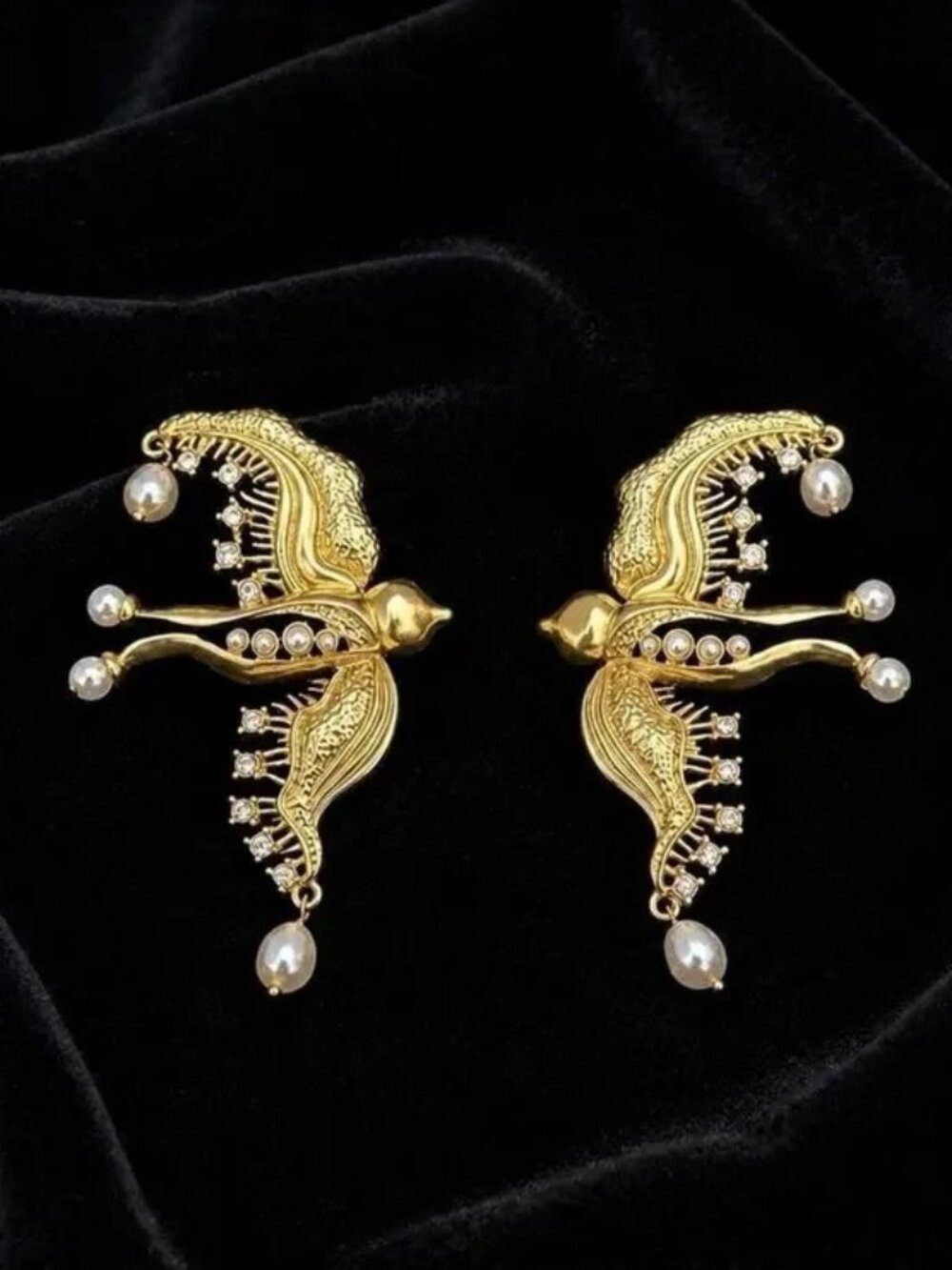 Baroque Gold VTG Bird Pearl Earrings Museum Revival Boho Victorian Cottagecore